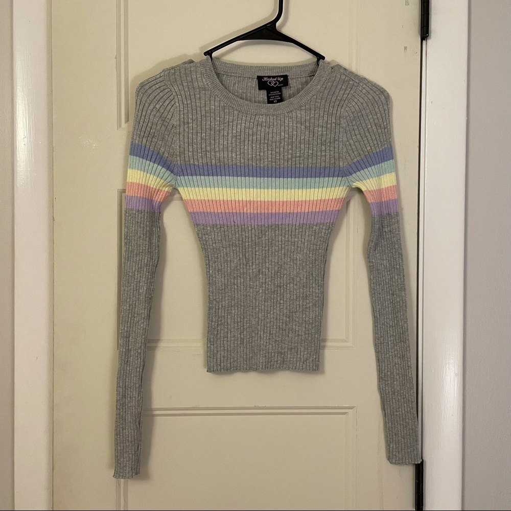 Gray Long Sleeve Shirt with Colorful Stripes